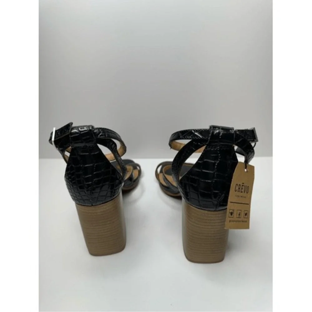 Crevo Women Black Croc Embossed Leather Block Heel Strappy Sandals Size 8 NEW